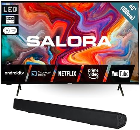 SALORA Fernseher, 40 Zoll, 80 W, Schwarz, Smart TV, Smart TV Full HD LED mit Android TV & 2.1 SBO680 Soundbar, HDR10