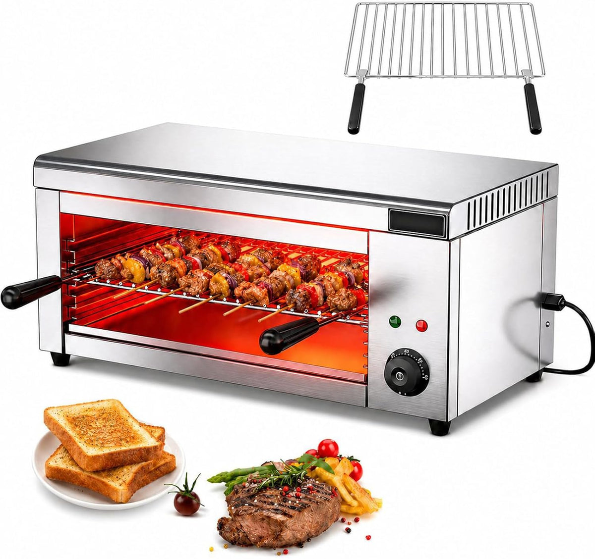 Vielseitiger Gastro Salamander 2000 W, 2000 W, 2000 W, Edelstahl, Schwarz, für Toast, Panini, Pizza, Steak und überbackene Gerichte