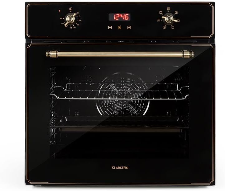 Klarstein Backofen, 70 L, Schwarz, Elizabeth - Elektrischer Einbau, Retro-Design, EEK A, Autark, Umluft/Ober- / Unterhitze/Grill