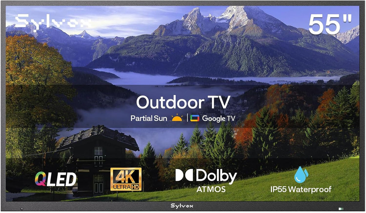 SYLVOX Fernseher, 55 Zoll, Schwarz, Outdoor, Smart QLED TV, Wetterfest Outdoor TV Support Google Assistant, 4K UHD
