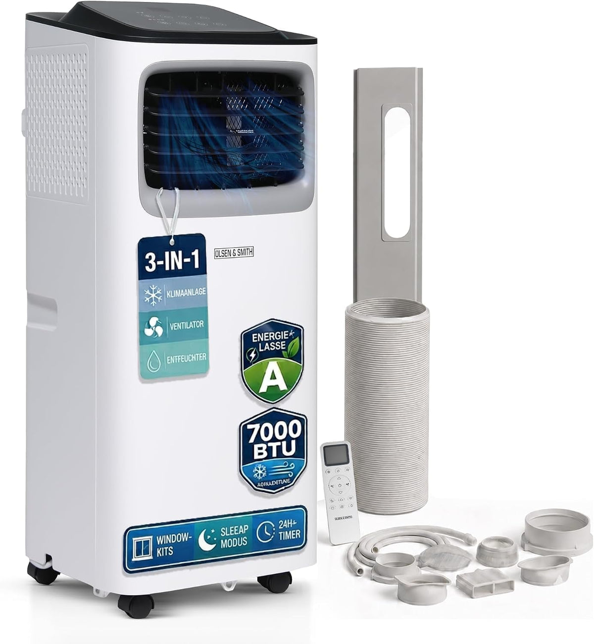 Olsen Klimaanlage, Weiß, & Smith 7000 BTU Mobile, 3-in-1 mit Abluftschlauch