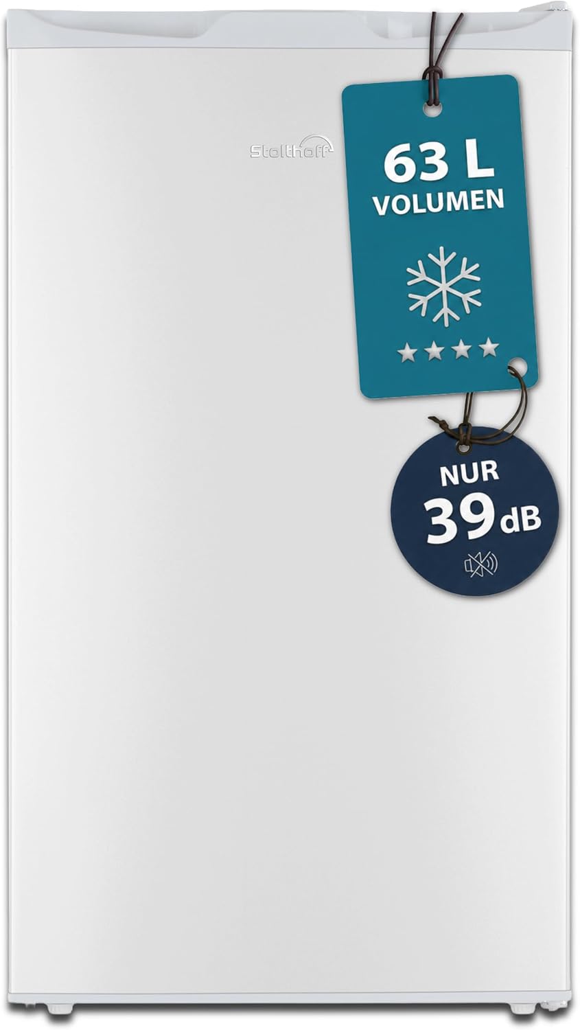 Gefrierschrank, 39 dB, 63 L, Weiß, klein, Mini, Glasablage, 4 Sterne Tiefkühlschrank bis -18 °C, leise, Türanschlag wechselbar