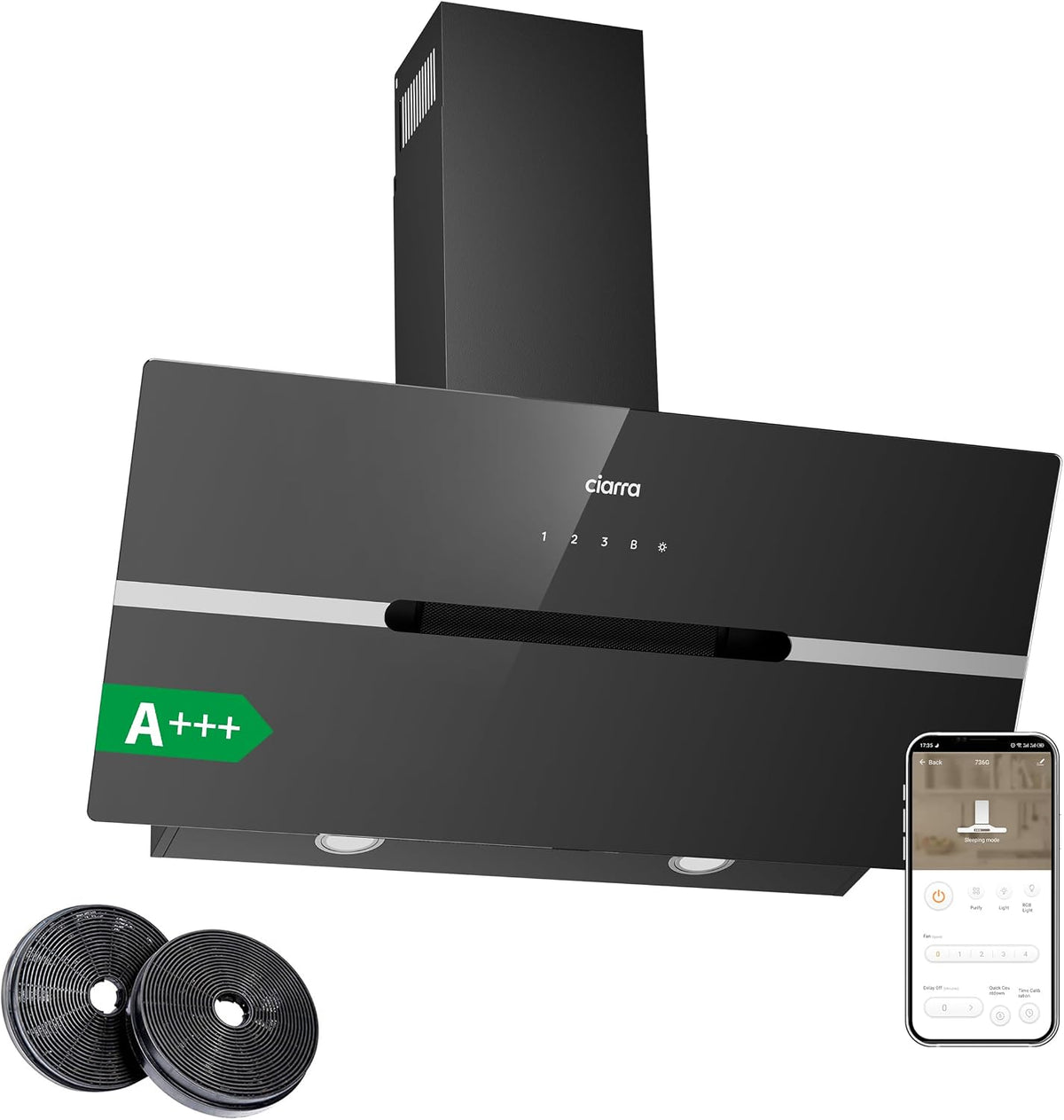 CIARRA Dunstabzugshaube, 90 cm, 650m, Schwarz, AWB9736F A+++ Umluft Kopffreie Schräghaube ³/h automatisch