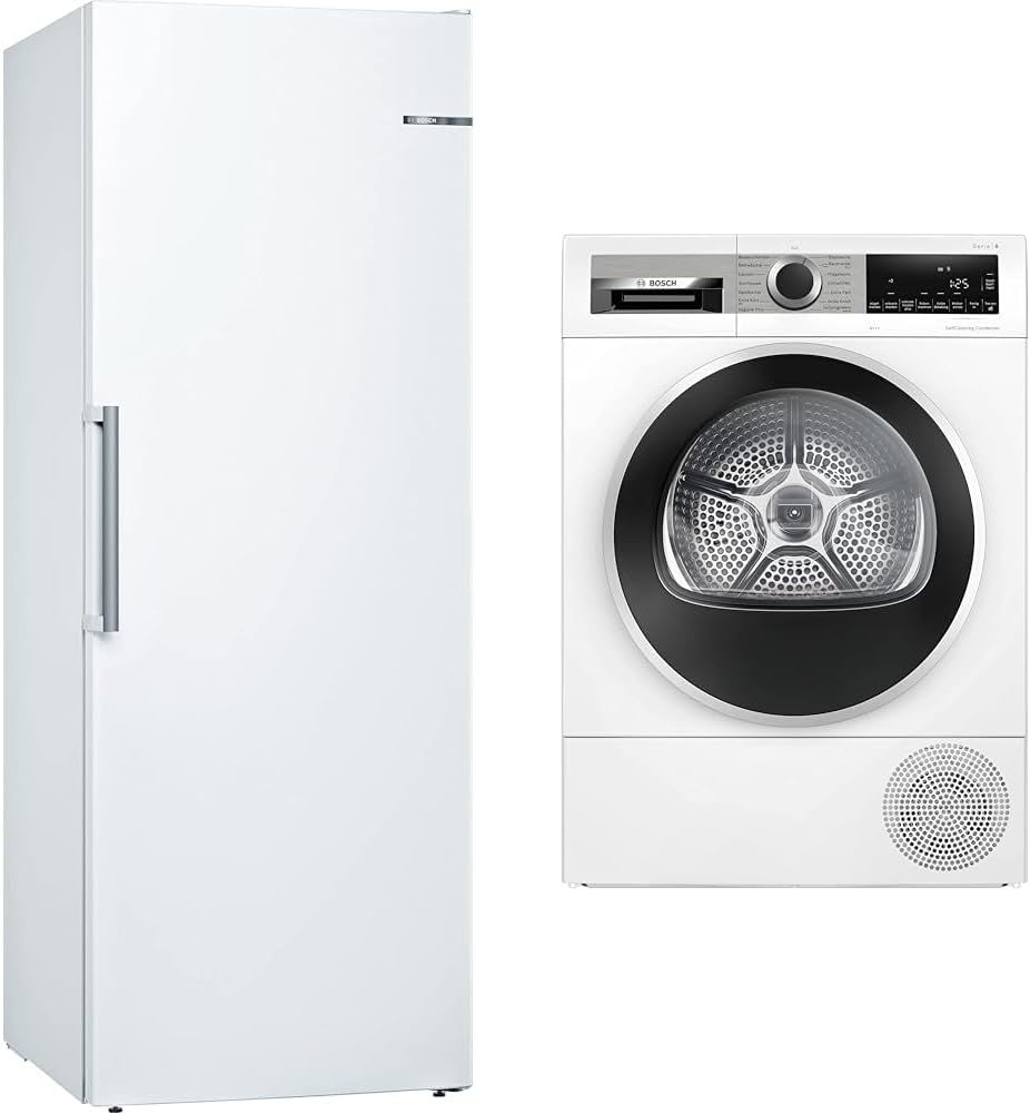 Bosch Gefrierschrank, 191 x 70 cm, 8 kg, Weiß, GSN58AWCV Serie 6 XXL-, extra breit & Wärmepumpentrockner für Wäsche