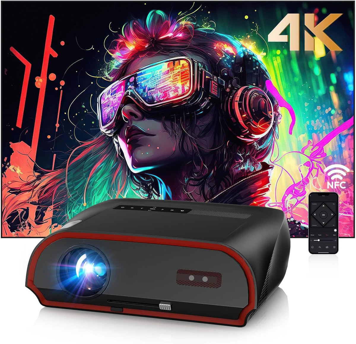 1800 Laptop, Schwarz, ANSI Tageslicht 4K Heimkino Beamer für Innenräume, mit WLAN 6 & Bluetooth, Apps, Smart Outdoor Beamer für Filme & Gaming