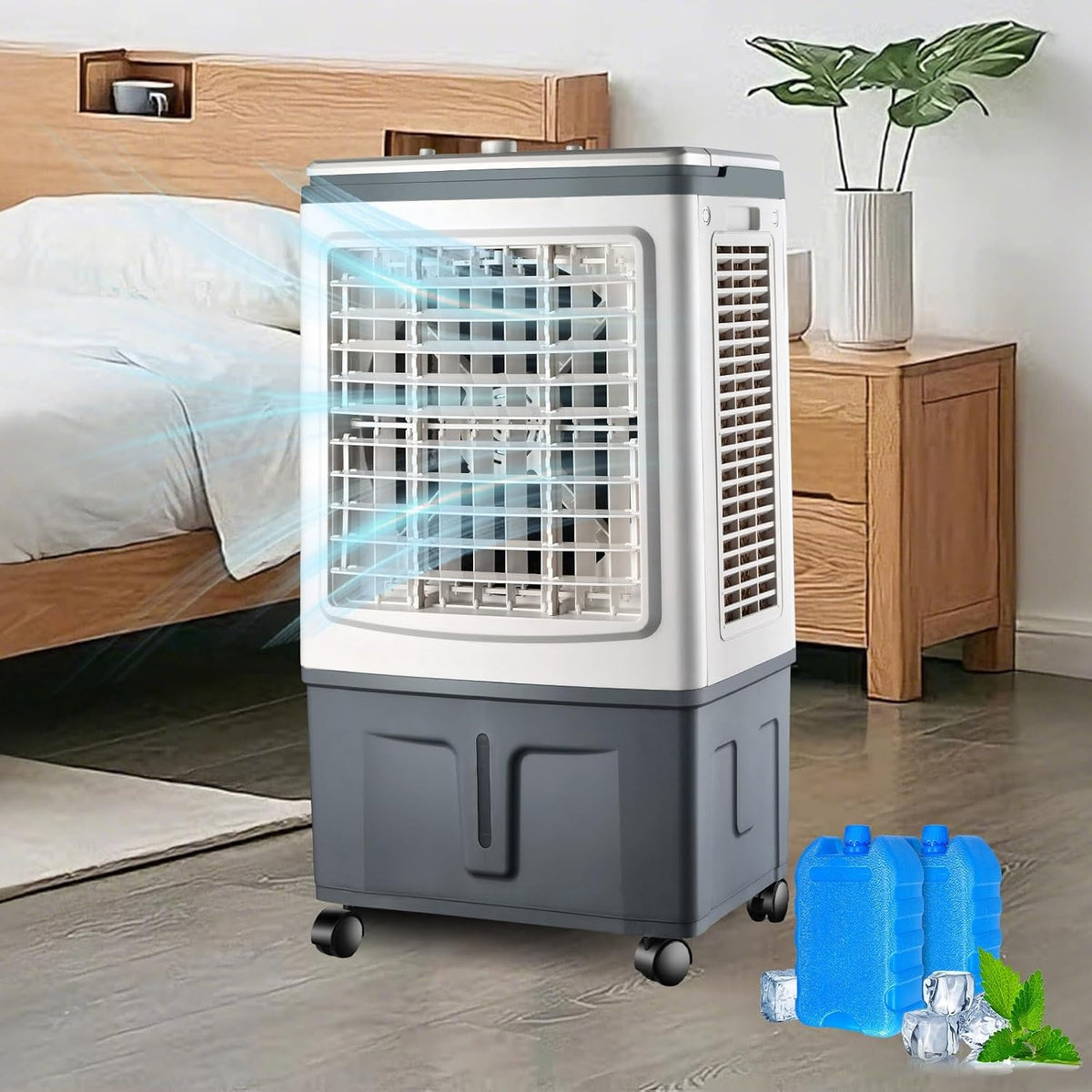 Klimaanlage Mobiles Klimagerät, 3000m, 100 W, 30 L, Weiß, Mobil ohne Abluftschlauch, 3 Geschw., links‑rechts automatisch