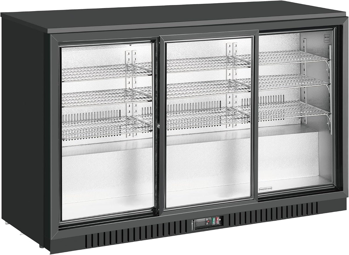 METRO Kühlschrank, 308 L, Schwarz, Professional GBC3103 Glastür-, Verzinktes Blech/Aluminium/Glas, 3 türig, 9 verstellbare Einlegeböden