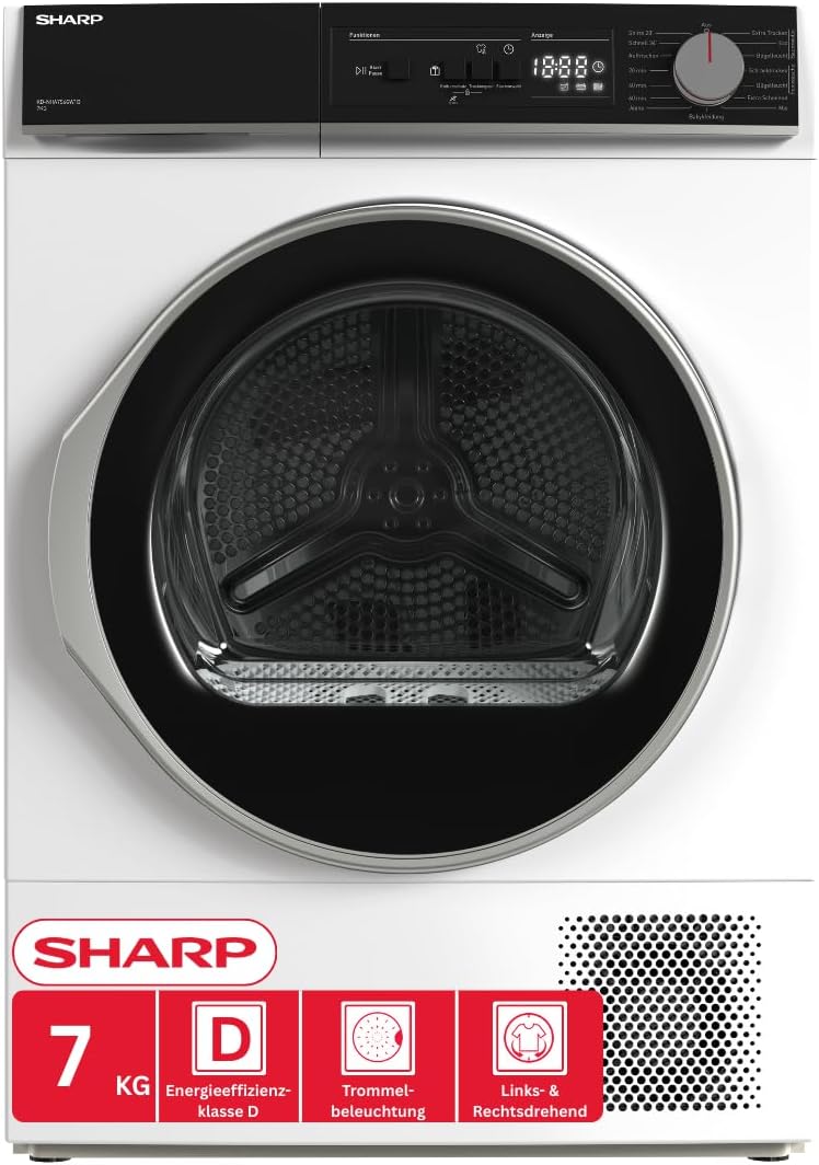 SHARP Wärmepumpentrockner, 7 kg, Weiß, KD-NHA7S6GW1D-DE (, EEK D), (15 Trockenprogramme, 20 Min. Kurzprogramm, Edelstahltrommel mit LED-Beleuchtung)