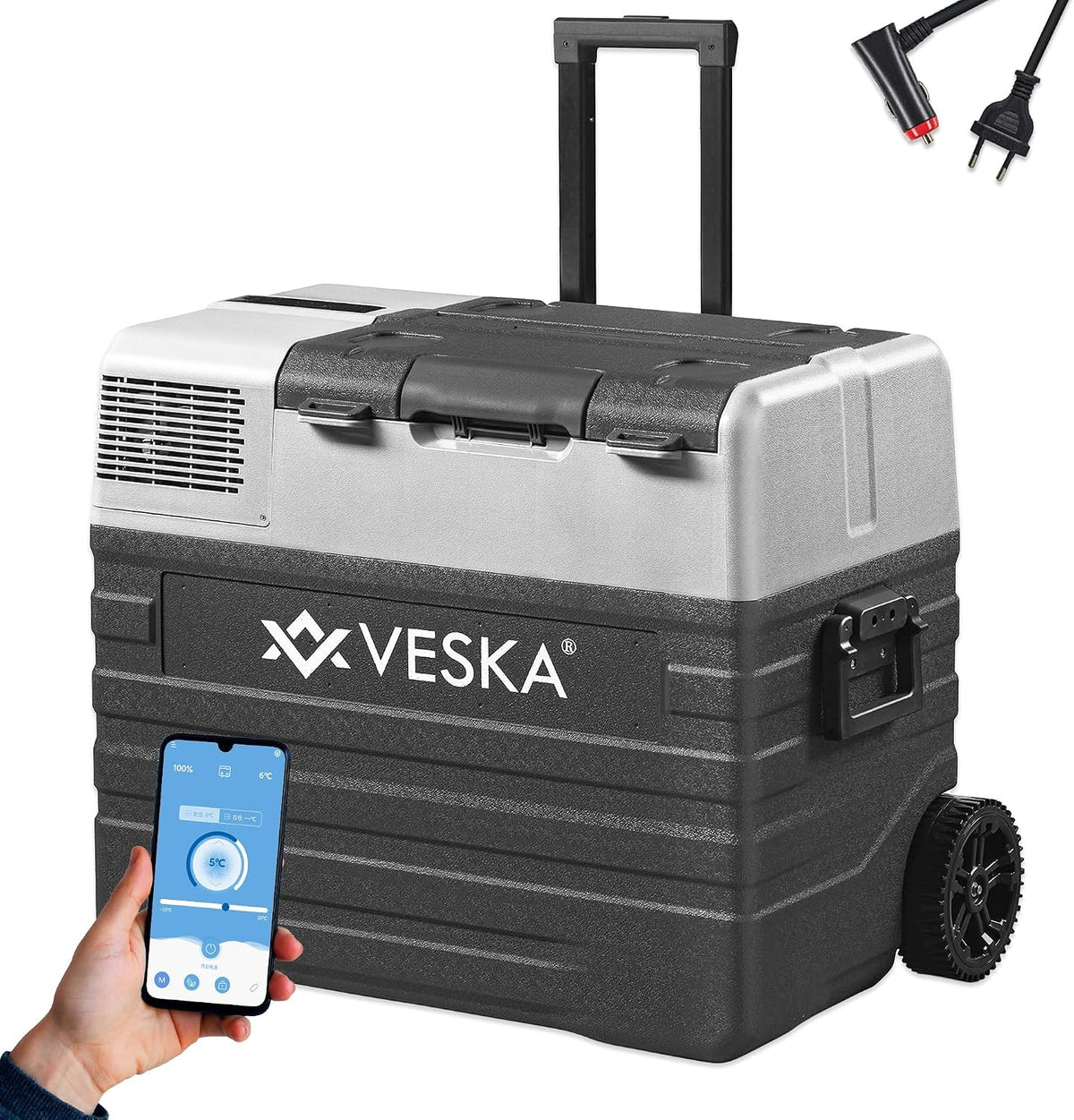 Kompressor Gefriertruhe, 230 V, 24 V, 52 L, Anthrazit, Kühlbox elektrisch, mit APP-Steuerung, USB-Anschluss, Räder