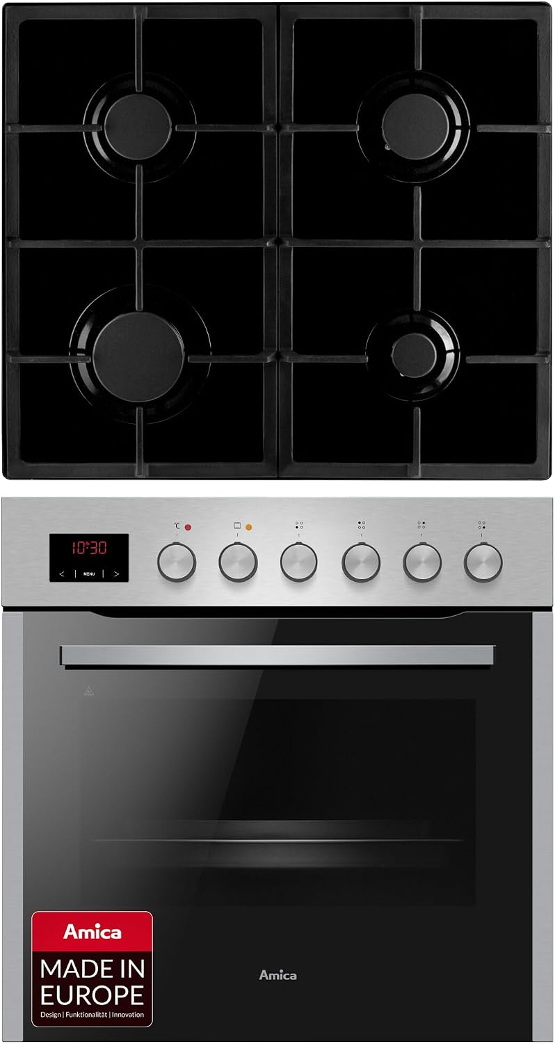 Amica Kochfeld, 60 cm, 65 L, Silber, Einbauherd Set Gas Edelstahl EHEG 934 112 E