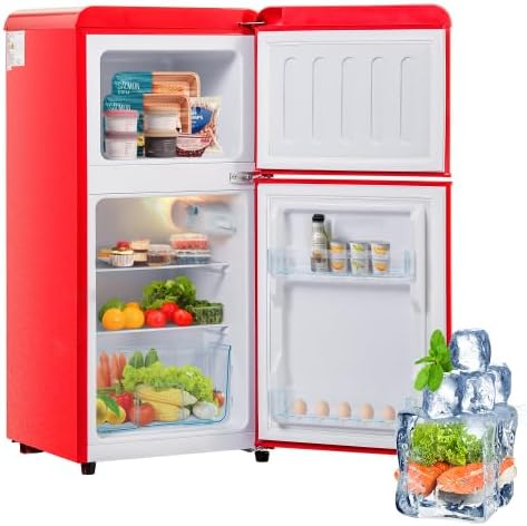 Merax Mini-Kühlschrank, 60 L, Rot, Retro Kühlschrank mit Gefrierfach, Kleiner Mini Kühlschrank, Gesamtvolumen, 22 L Gefrierfach