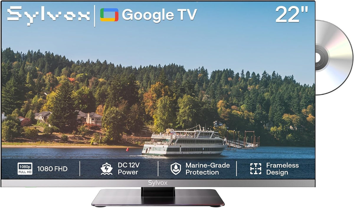 SYLVOX Fernseher, 22 Zoll, Schwarz, 12 Volt TV, Camping Travel, 1080P Smart Google TV