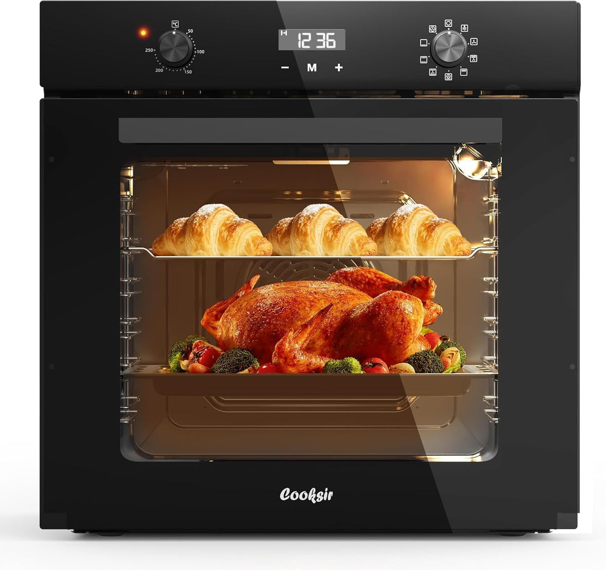 60 cm Backofen, 60 Liter, 60 cm, Schwarz/Silber, Einbau, Ofen mit Stecker, 2800Watt, 9 Funktionen