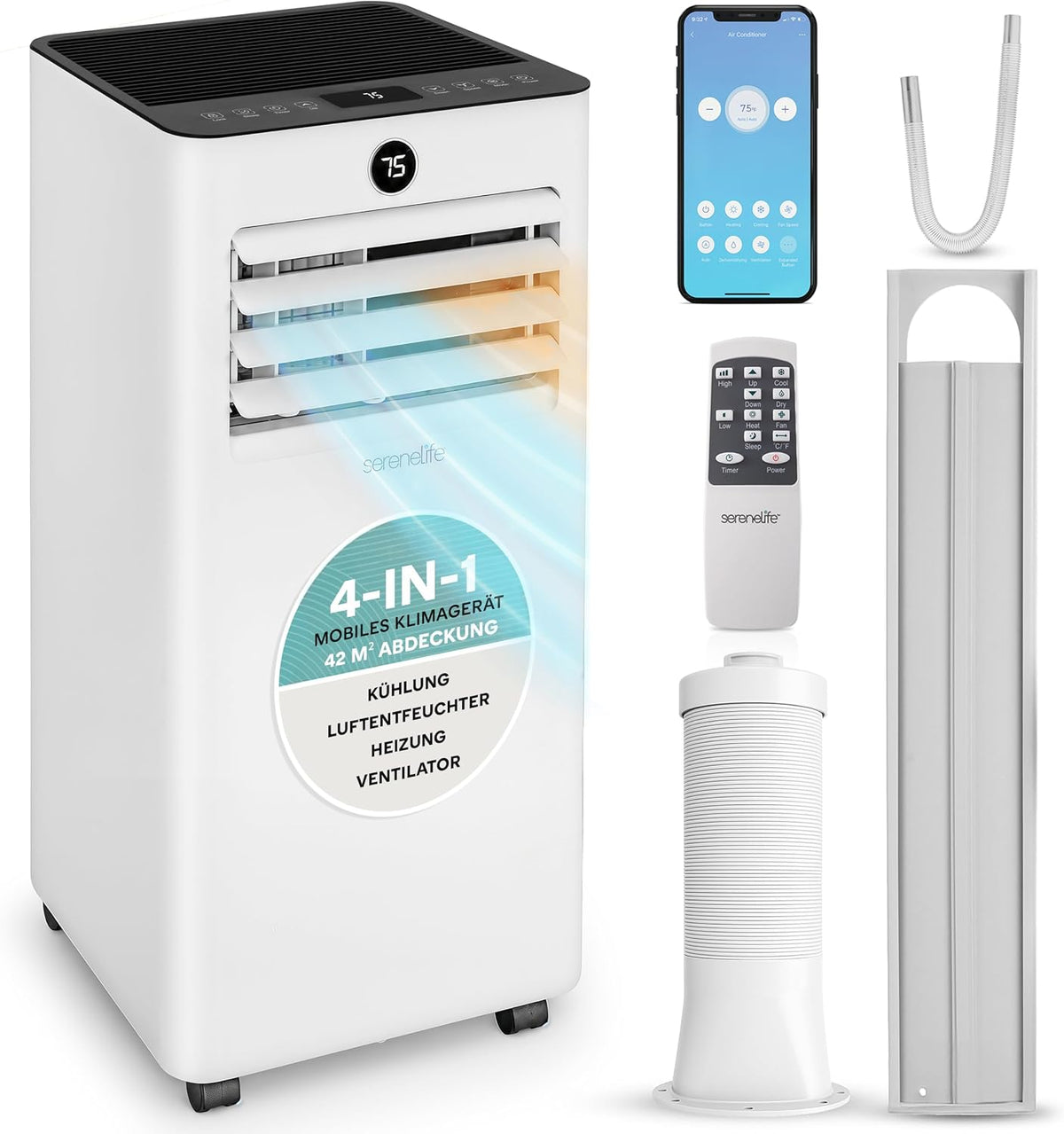 SereneLife Klimaanlage, 31 m, 55 dB, Weiß, Mobile 9000BTU mit Abluftschlauch, 4-in-1 Klimagerät mit WLAN, Kühlen