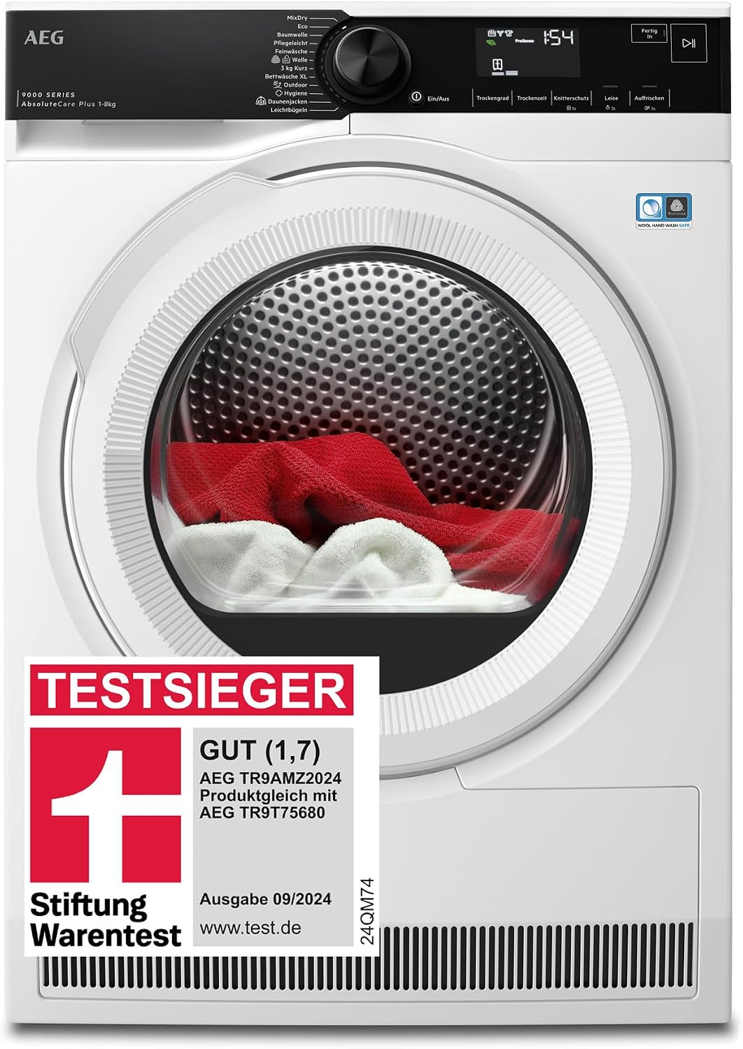 AEG Wärmepumpentrockner, 8 kg, Schwarz, Testsieger der Stiftung Warentest, Serie 9000 AbsoluteCarePlus - Daunentrocknung