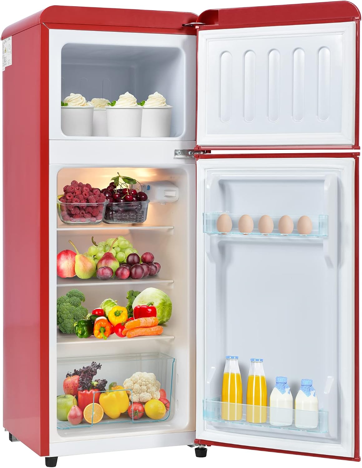 Merax Kühlschrank, 92 L, 28 L, Rot, Retro- mit Gefrierfach mit Gesamtvolumen, Gefriervolumen, 3 Glasablagen, Gemüseschublade