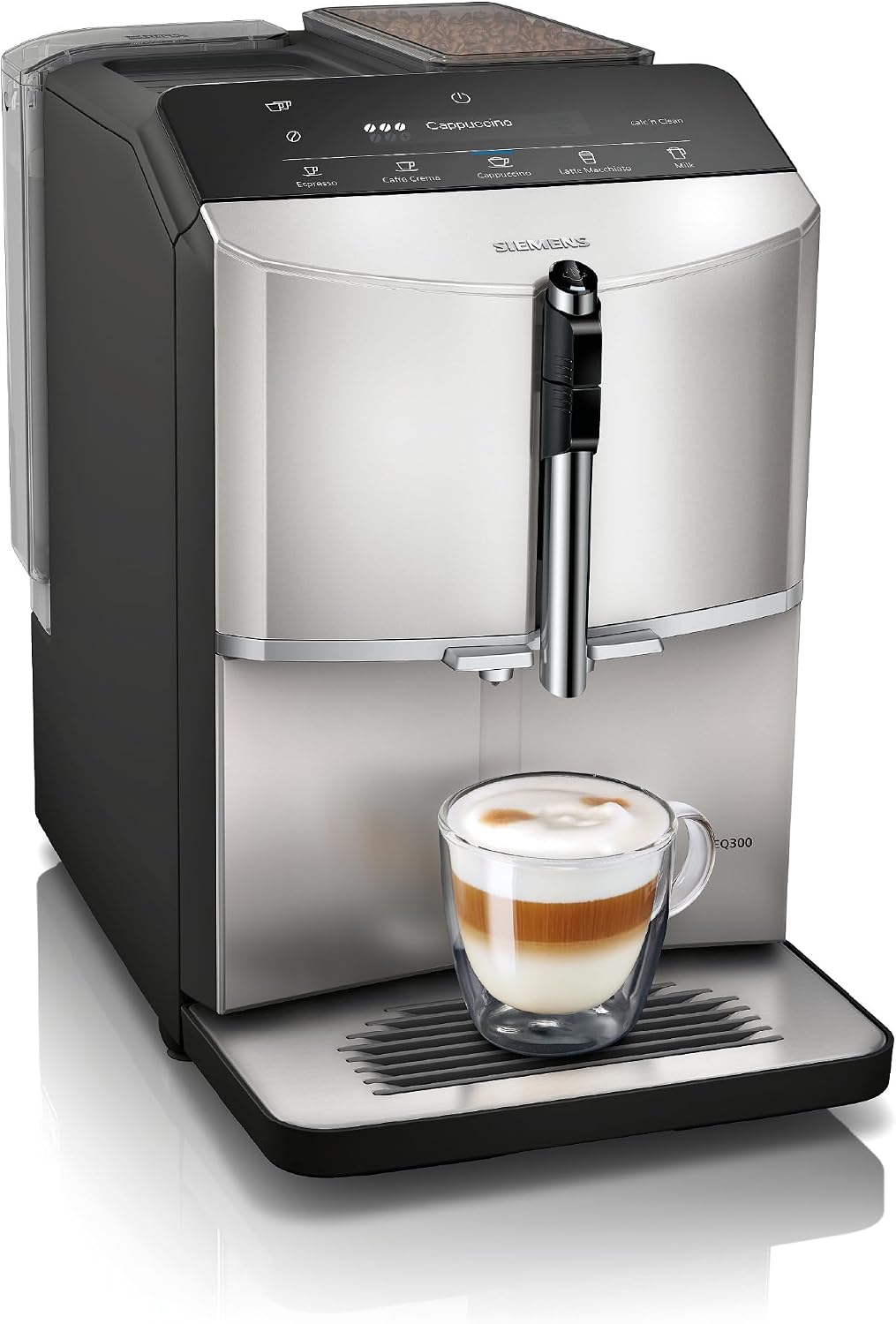 Siemens Kaffeevollautomat, Silber, EQ300, farbiges LCD-Display, Milchaufschäumdüse für Cappuccino, Latte Crema