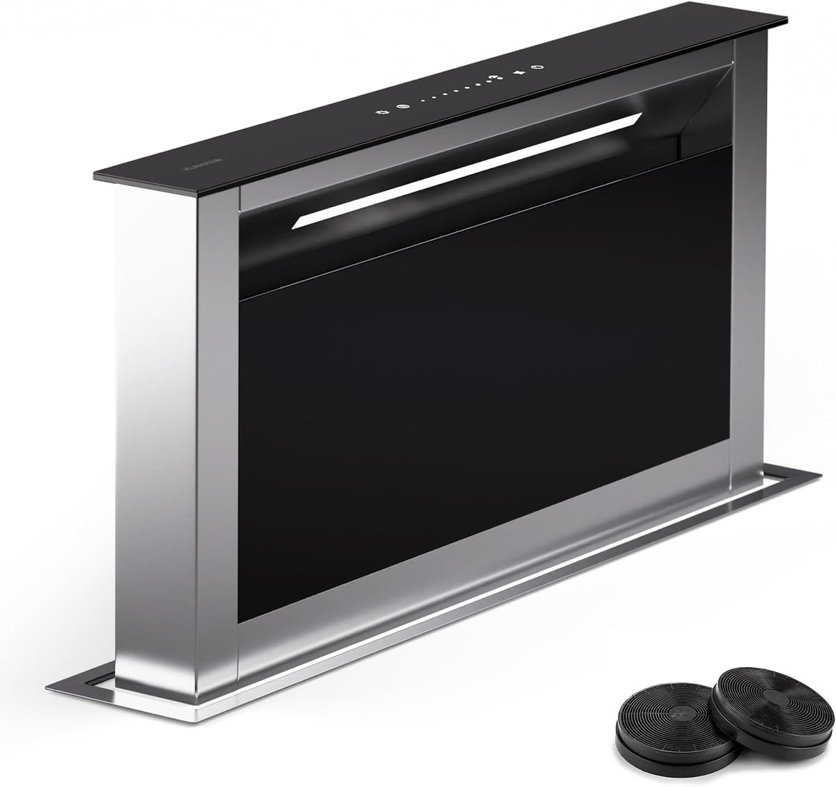 Klarstein Dunstabzugshaube, 60 cm, 713m, Schwarz/Silber, Downdraft-, Versenkbare Abluft/Umluft für die Küche, Schmale Umluft-Abzugshaube ohne Rohr