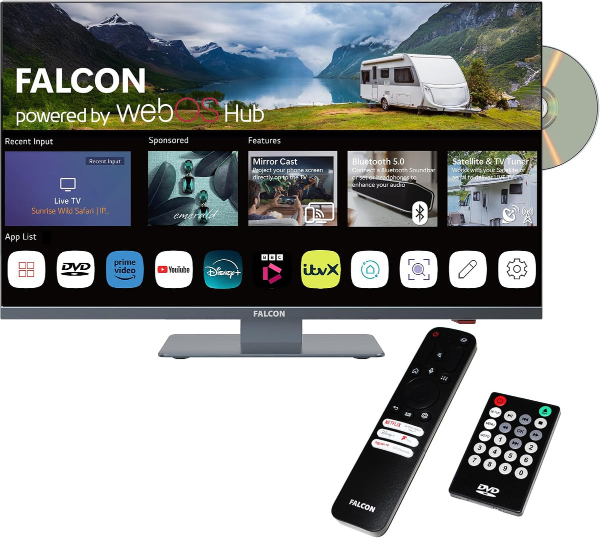 Falcon Fernseher, 12 V, 24 V, Schwarz, Smart TV, 24 inch TV WebOS SMART TV WiFi Camping, Integrated DVD Player, Bluetooth 5.0