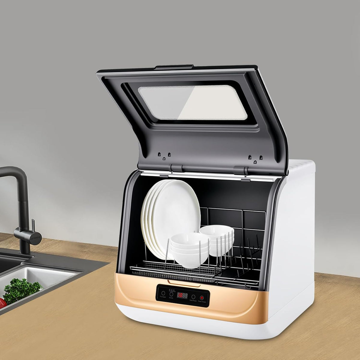 800 W Tischgeschirrspüler, 800 W, PP, ABS, Edelstahl, Weiß, Mini Spülmaschine, Kompakte Platzsparend Spülmaschine Geschirrspüler