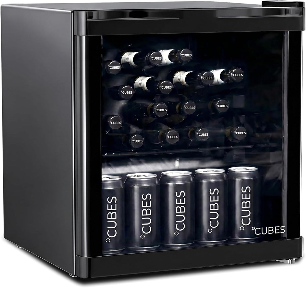 °CUBES Mini-Kühlschrank, 48 L, Schwarz, Eleganter Getränkekühlschrank mit Glastür & 1 variabler