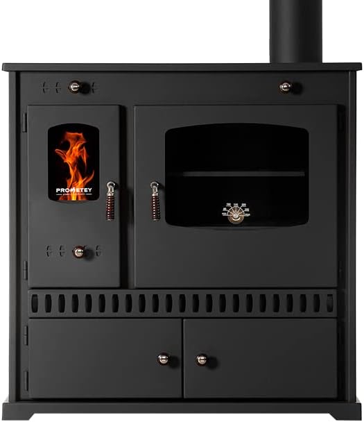 EEK Kaminofen, 7 kW, Schwarz, A+ mit Backfach und Herdplatte Perfect Eco Holzofen Kam