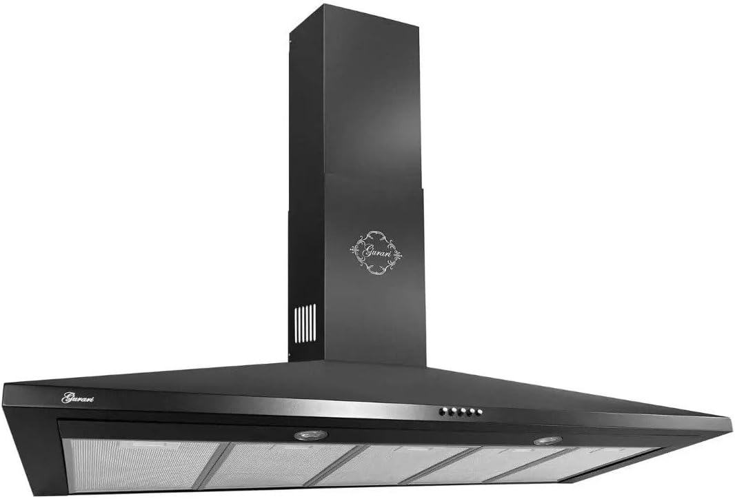 Gurari Dunstabzugshaube, 120 cm, 1000 m, Schwarz, • Wandhaube ³/h Motorleistung • 3 Stufen Drückknöpfe •